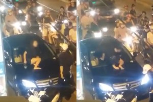 Trèo lên nắp capô đập kính xe Mercedes đánh ghen giữa phố Hà Nội