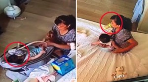 Mở camera ra xem, mẹ sốc thấy con 6 tháng bị giúp việc dùng đồ chơi đánh vào mặt, uống trộm sữa